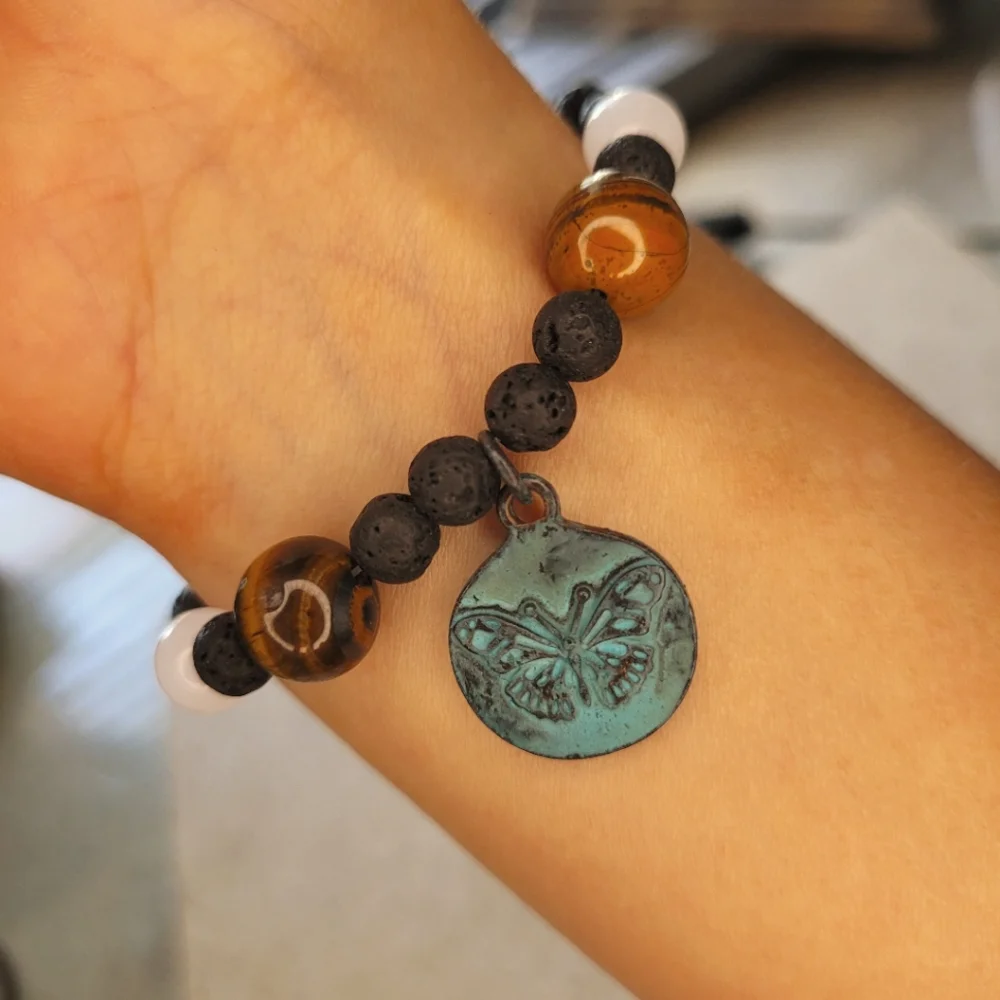 🖤3/$50 Rose Quartz and Tiger's Eye Stone Lava Bead Butterfly Bracelet - Picture 3 of 6